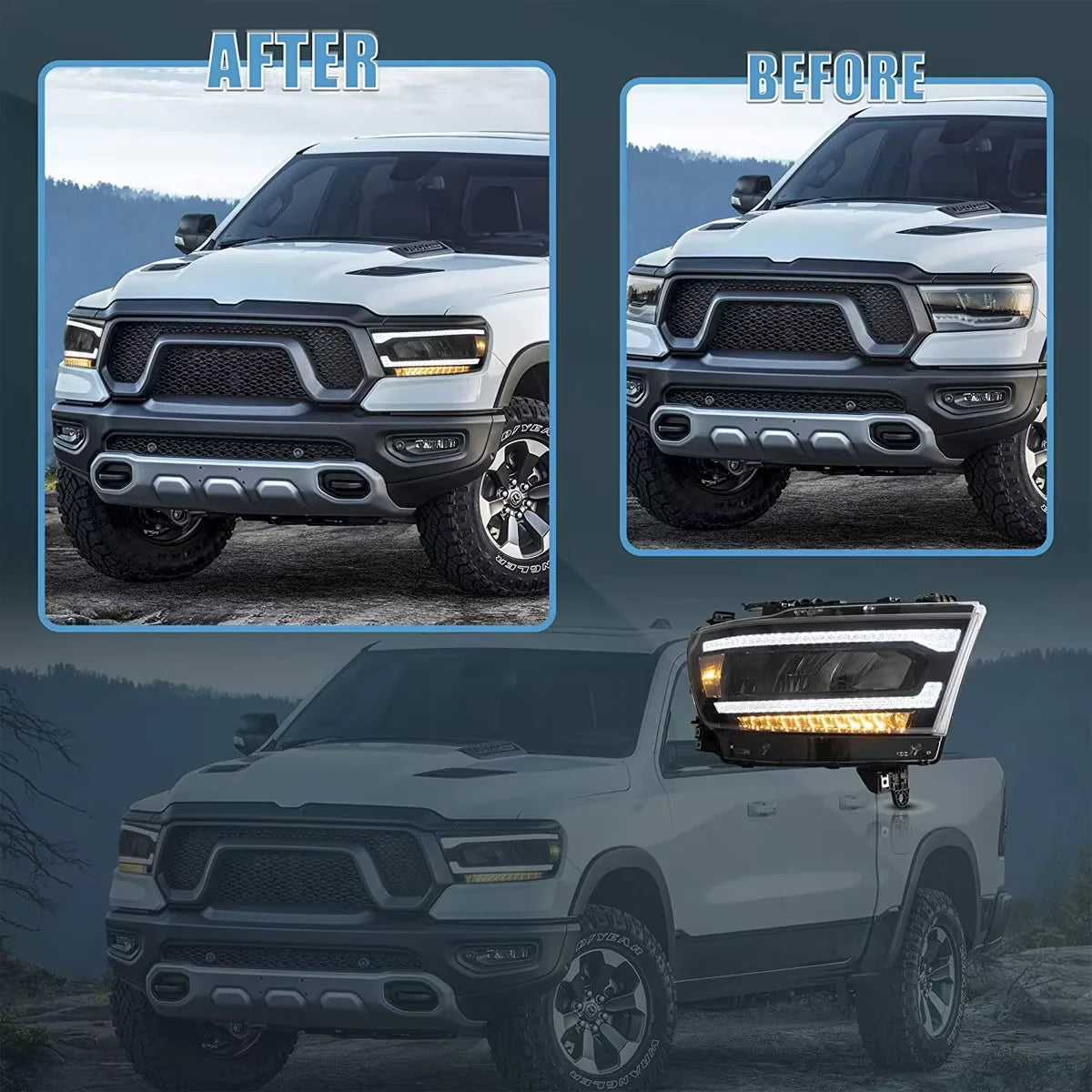 Car Accessories LED Head Lights Assembly for 2019-2021 Dodge RAM 1500 with Reflectors Tradesman, Bighorn, Laramie, Rebel