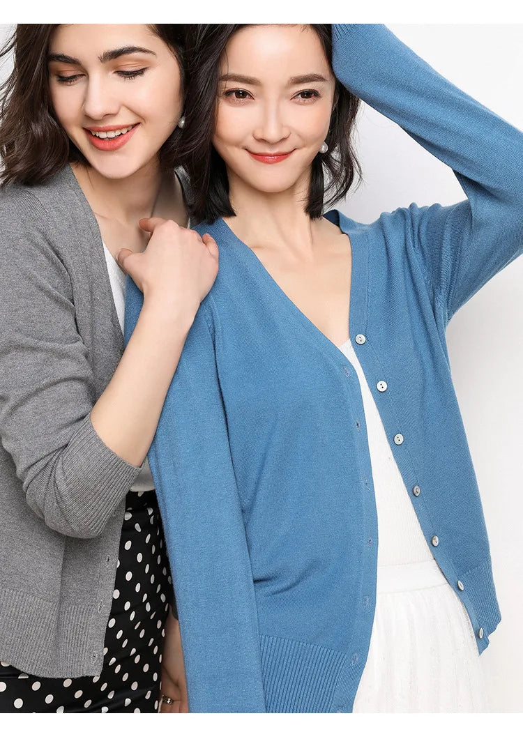 2025 Women Cardigans Long Sleeve Knitted Outerwear Solid Thin Spring Autumn Sweaters V-neck Knitwears Korean Fashion Cardigans