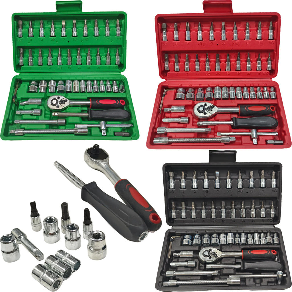 46PCS Master Mechanic Tool Kit with 3/8" Ratchet, SAE/Metric Sockets, Torx/Hex Bits, Extension Bars - Professional Grade -001