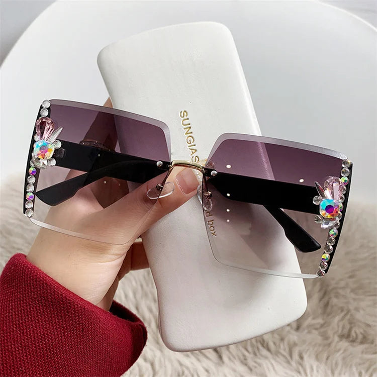 2024 Luxury Vintage Sunglasses Branded Custom logo Eyewear Shades Oversized Female Rimless Square Diamond Ladies Sunglasses