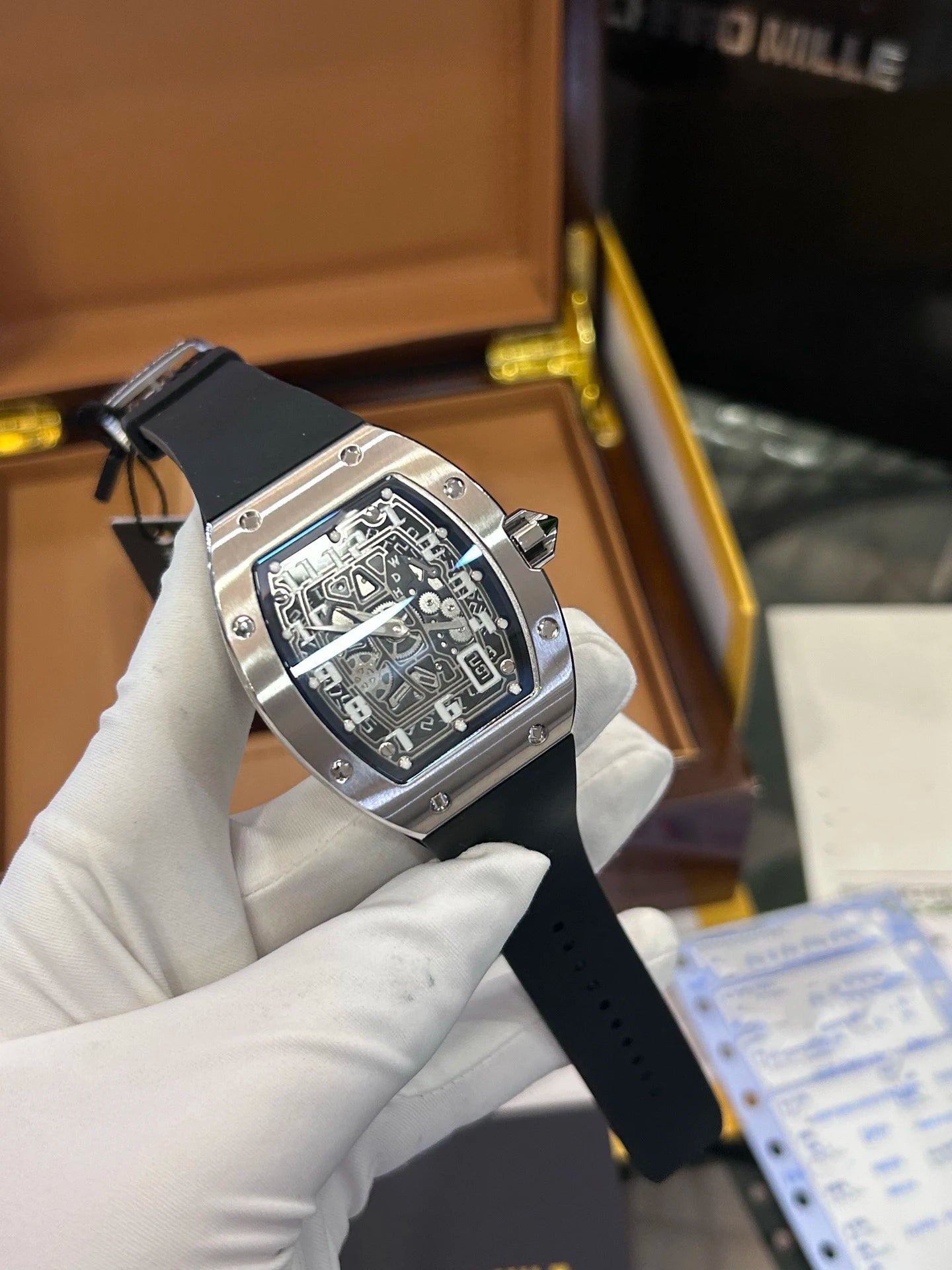 Top Version of 6701 Fully Automatic Men's Mechanical Tonneau Case Watch with Rubber Band Thick Stainless Steel Watch
