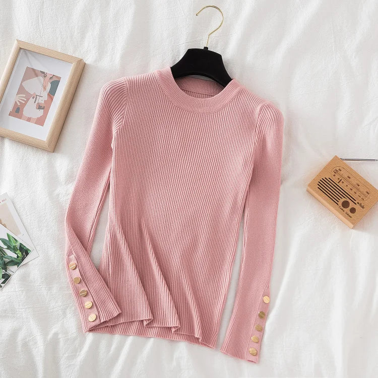 2026 women thick sweater pullovers khaki casual autumn winter button o-neck chic sweater female slim knit top soft jumper tops
