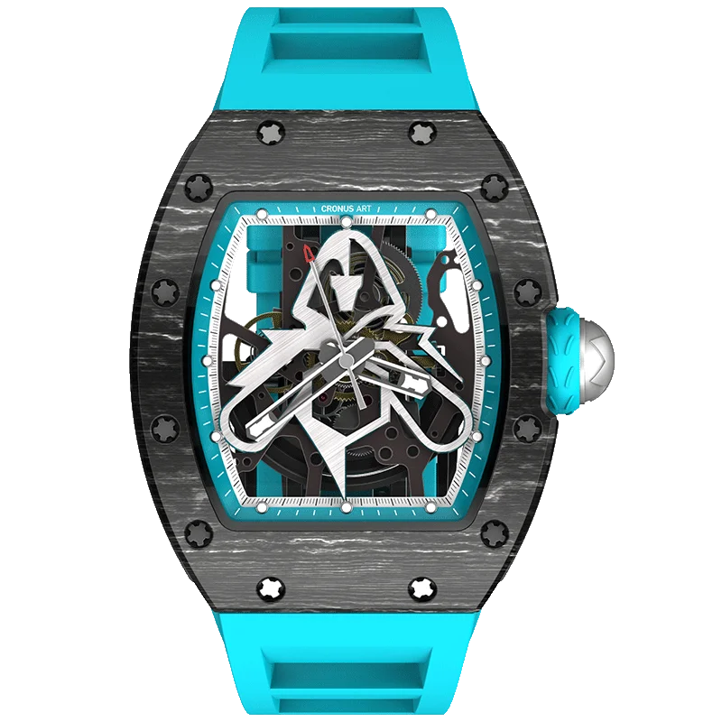44mm Skeleton Mechanical Men's Watch-Tonneau Carbon Fiber Case 20mm White Rubber Strap 3BAR Water Resistant Sapphire Crystal