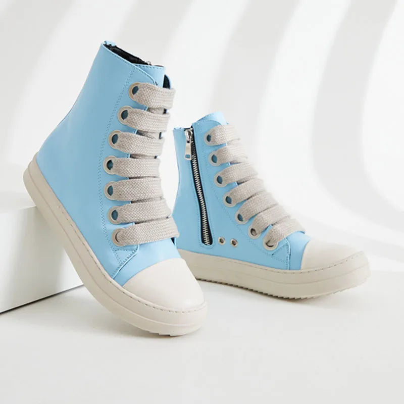 Fast Shipping Round Toe High Top Board Sneakers Black Leather Casual Winter Shoes Women Zip Ankle Lace up Motorcycle Boots