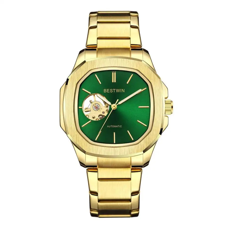 BESTWIN 985 Skeleton Hollow Men Automatic Mechanical Watch Steampunk Sliver Blue Steel Waterproof Wrist Watches Male Mechanism