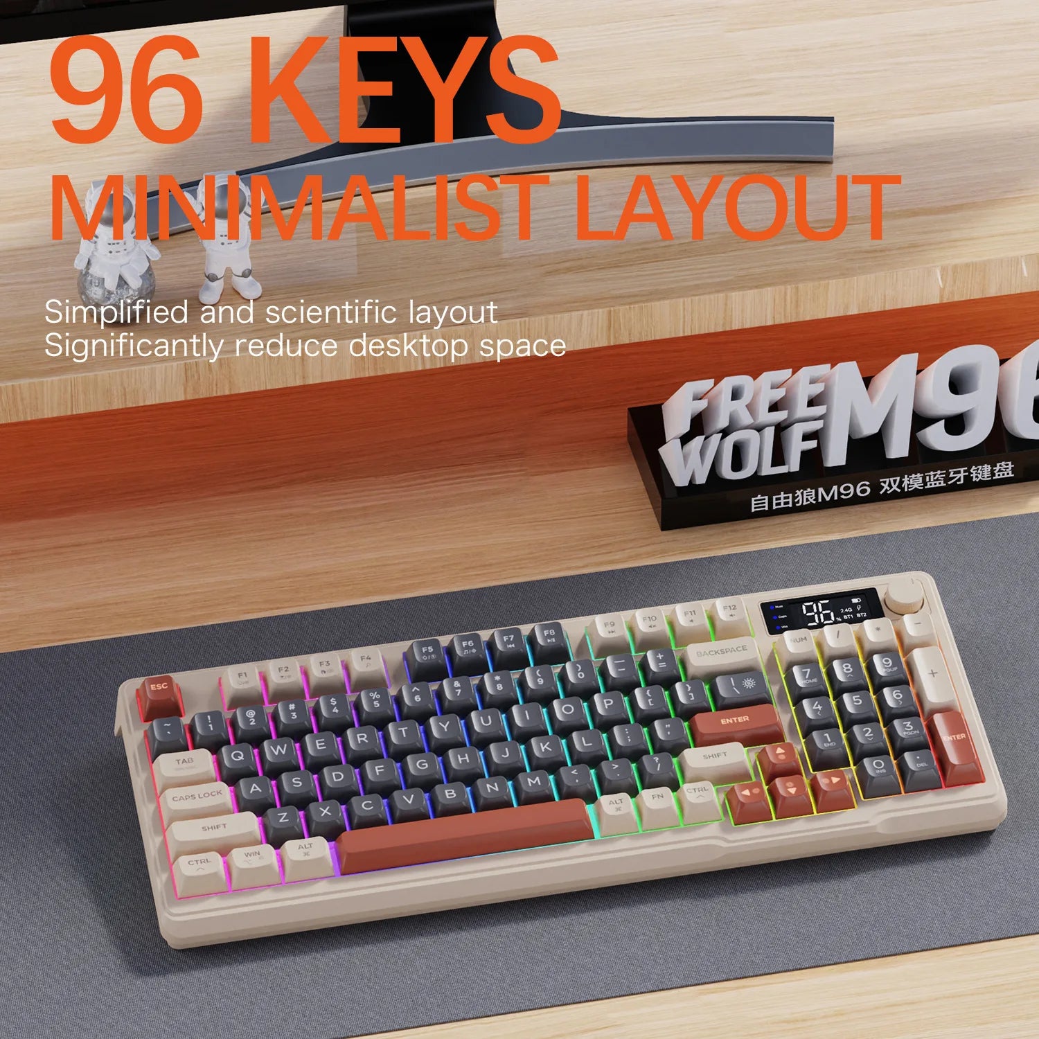 Free Wolf M96 Wireless BT Dual Mode Mechanical Touch Keyboard PBT Ball Hat With Display Knob Game Keyboard