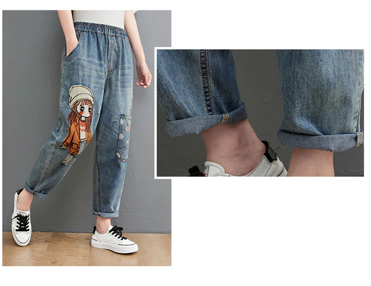 6537 Cartoon Litter Girl Embroidery Denim Pants For Women Trendy Hole Casual High Waist Breeches Pockets Mom Harem Blue Jeans