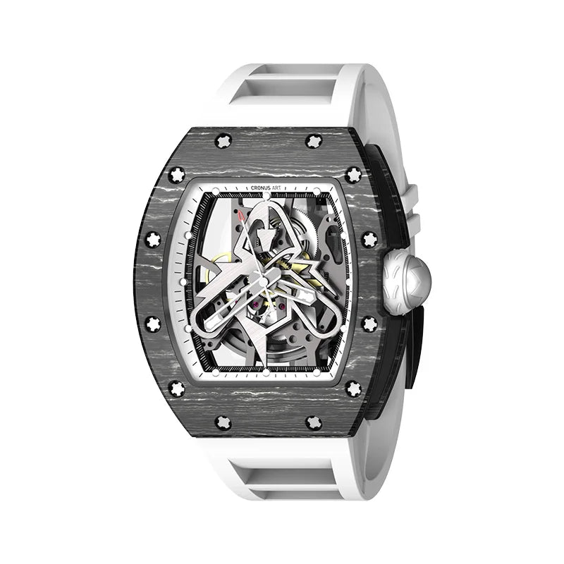 44mm Skeleton Mechanical Men's Watch-Tonneau Carbon Fiber Case 20mm White Rubber Strap 3BAR Water Resistant Sapphire Crystal