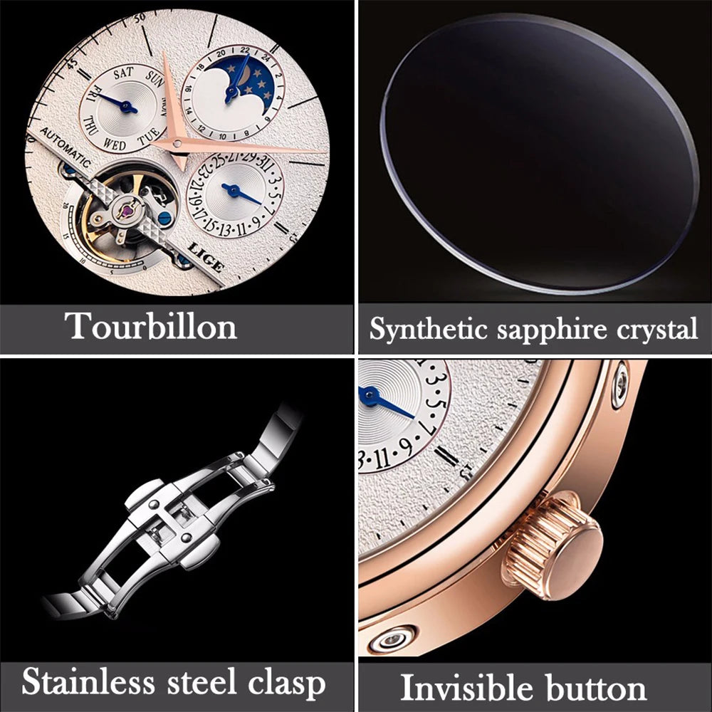 LIGE LG6826 Mens Watches Automatic Mechanical Watch Tourbillon Clock Leather Brown Casual Business Watches Men with Gift Box