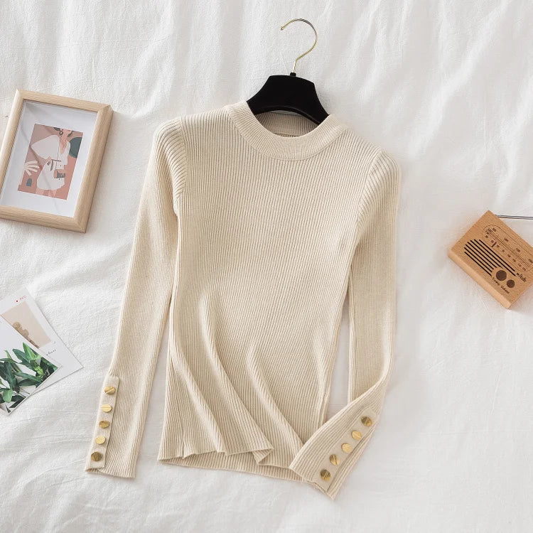 2026 women thick sweater pullovers khaki casual autumn winter button o-neck chic sweater female slim knit top soft jumper tops