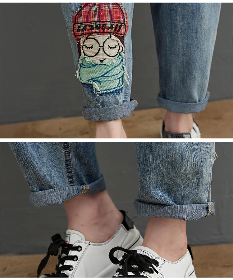 6537 Cartoon Litter Girl Embroidery Denim Pants For Women Trendy Hole Casual High Waist Breeches Pockets Mom Harem Blue Jeans