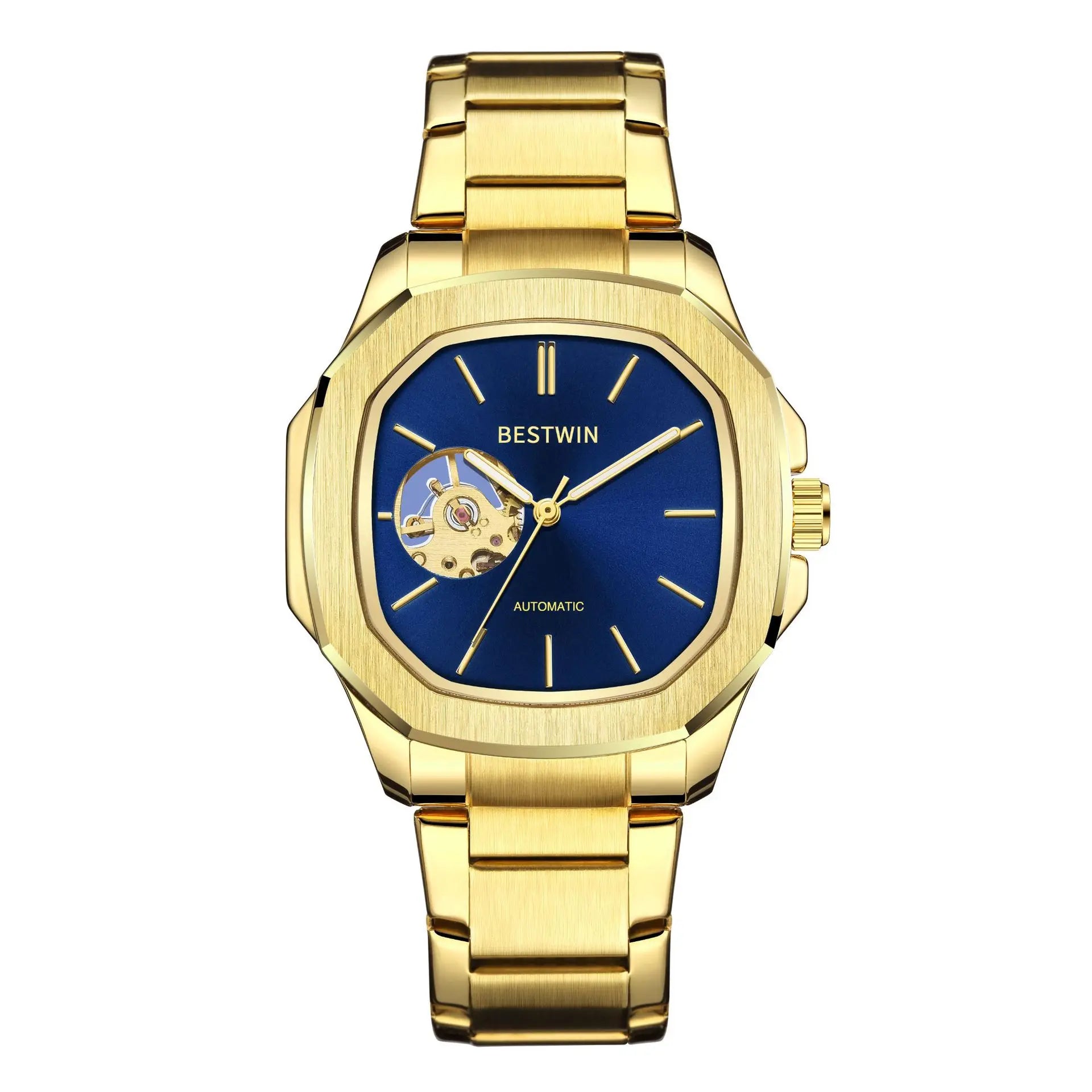 BESTWIN 985 Skeleton Hollow Men Automatic Mechanical Watch Steampunk Sliver Blue Steel Waterproof Wrist Watches Male Mechanism