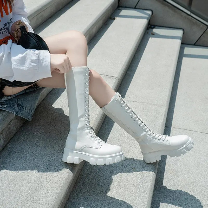 Sexy Knee-High PU Boots Lace-Up Closure Solid High Heel Fashion Shoes Spring Autumn Waterproof Motorcycle Style for Women