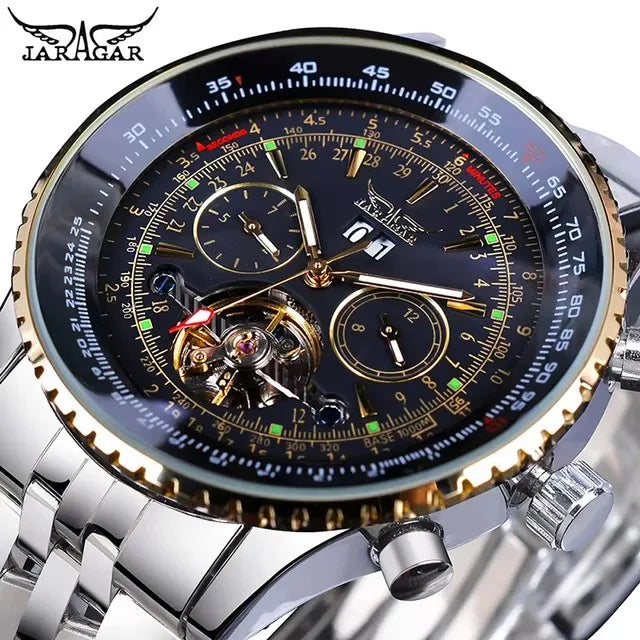 Jaragar Mens Automatic Mechanical Watch Fashion Tourbillon Blue Dial Date Display Stainless Steel Strap Sport Watches Men