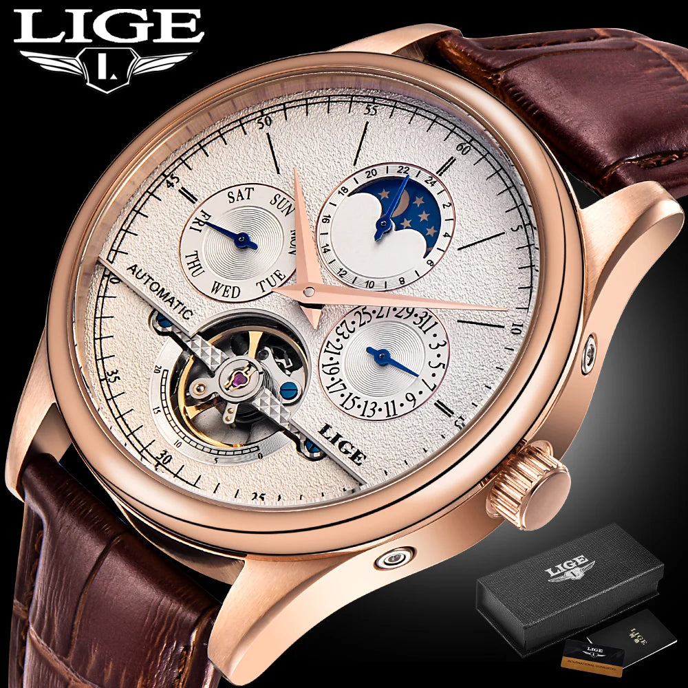 LIGE LG6826 Mens Watches Automatic Mechanical Watch Tourbillon Clock Leather Brown Casual Business Watches Men with Gift Box