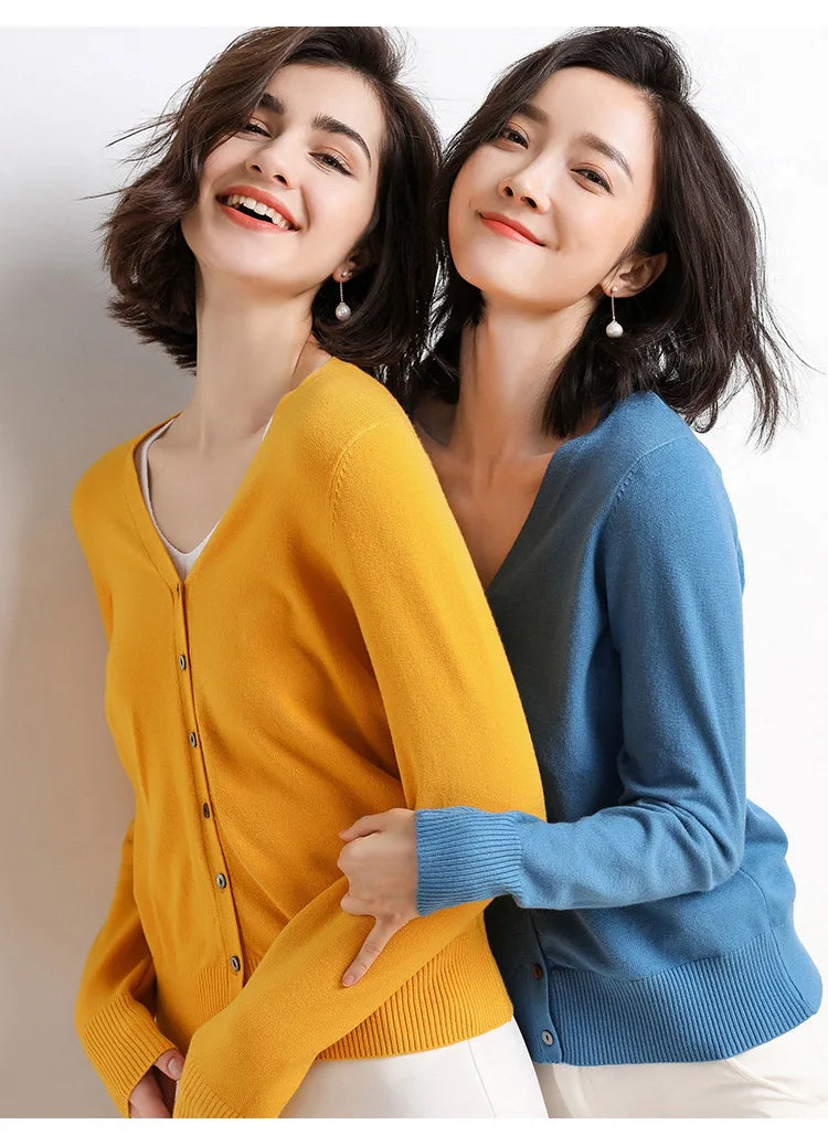 2025 Women Cardigans Long Sleeve Knitted Outerwear Solid Thin Spring Autumn Sweaters V-neck Knitwears Korean Fashion Cardigans