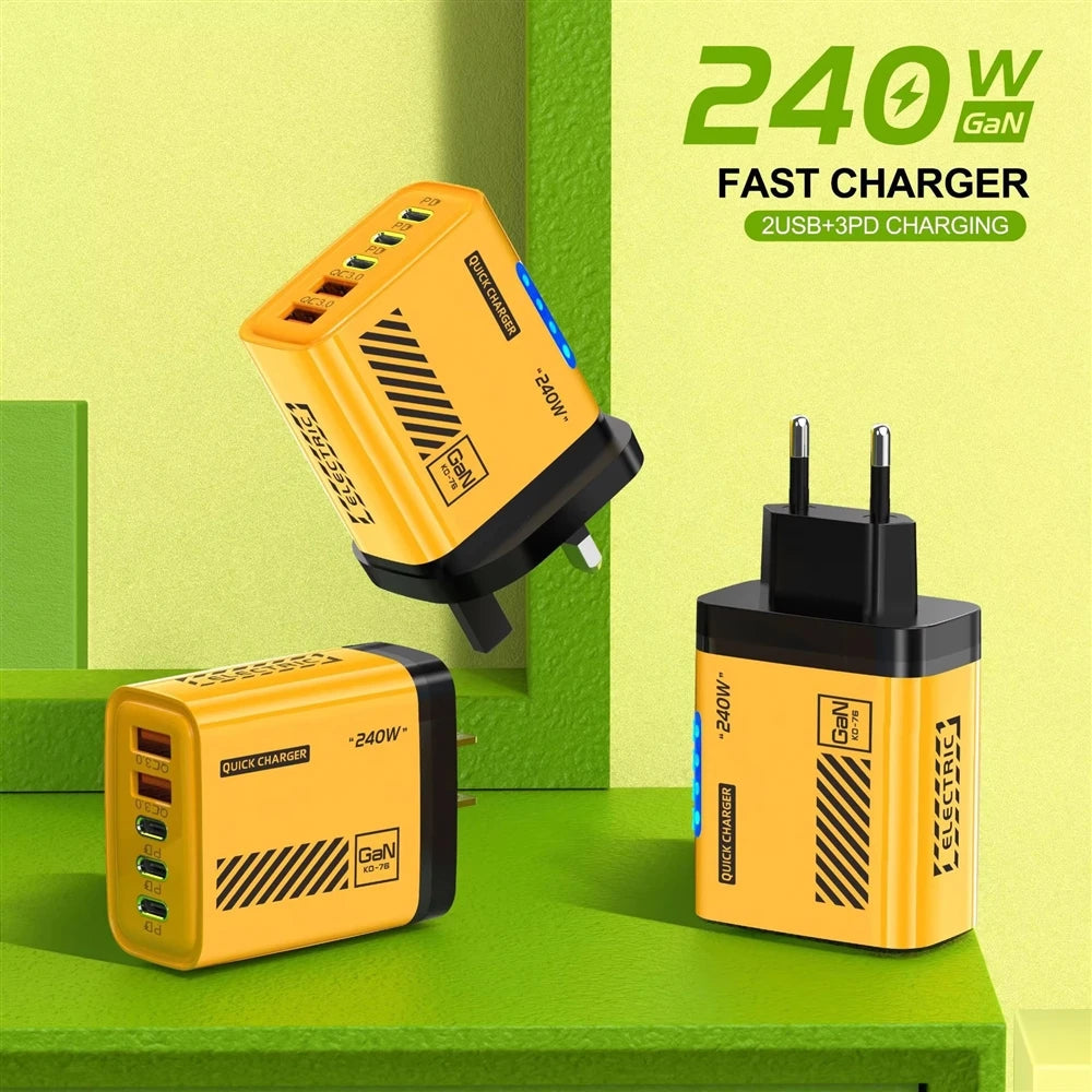 PD240W Mechanic Intelligent Charging Plug 3 Type-C + Dual USB Multi-Port Adapter Mobile Phone Fast Charger