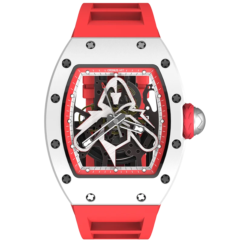 44mm Skeleton Mechanical Men's Watch-Tonneau Carbon Fiber Case 20mm White Rubber Strap 3BAR Water Resistant Sapphire Crystal