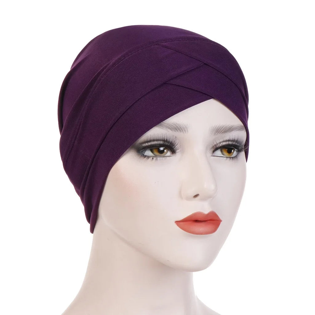 H117 Forehead criss Cross Muslim Turban Pure Color Stretch Inner Hijabs For Caps Ready To Wear Women Head Scarf Under Bonnet