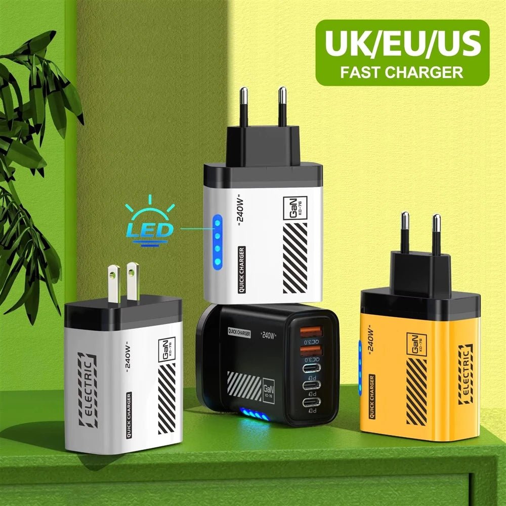 PD240W Mechanic Intelligent Charging Plug 3 Type-C + Dual USB Multi-Port Adapter Mobile Phone Fast Charger