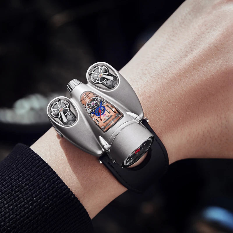 Men's Exclusive Airplane Series Citizen Movement Mechanical Watch Unique Shaped Pointer Moon Phase Crown Leather Band Craftsmen