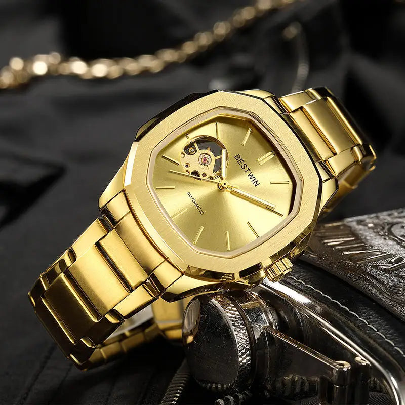 BESTWIN 985 Skeleton Hollow Men Automatic Mechanical Watch Steampunk Sliver Blue Steel Waterproof Wrist Watches Male Mechanism