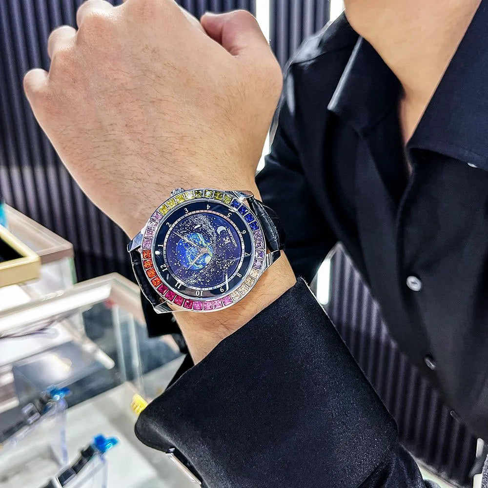 AOKULASIC Business Mechanical Watch for Men with Luminous Starry Rotating Dial Colored Diamonds