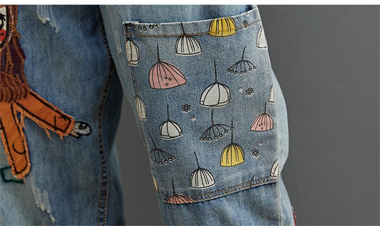 6537 Cartoon Litter Girl Embroidery Denim Pants For Women Trendy Hole Casual High Waist Breeches Pockets Mom Harem Blue Jeans