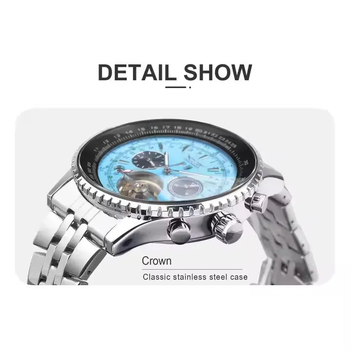 Jaragar Mens Automatic Mechanical Watch Fashion Tourbillon Blue Dial Date Display Stainless Steel Strap Sport Watches Men
