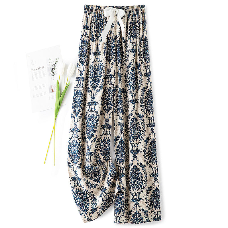 Women Casual Autumn Wide Leg Pants Floral Beach Trousers High Waist Boho Ethnic Style Calf Pants Four Season Girls Home Clothes