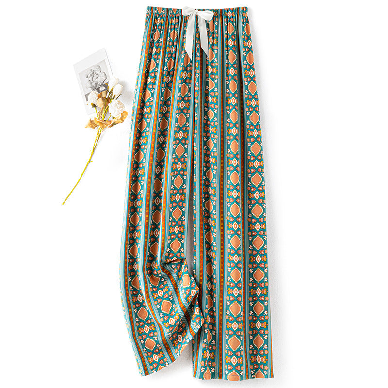 Women Casual Autumn Wide Leg Pants Floral Beach Trousers High Waist Boho Ethnic Style Calf Pants Four Season Girls Home Clothes