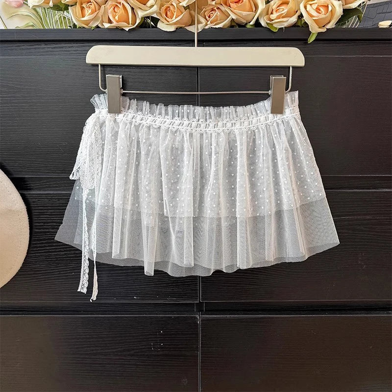 Elegant Polka Dot Lace Embroidery White Lace Half Skirt Women's Design Layered Short Skirt Korean High Waist A-Line Skirt Apron