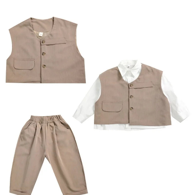 2026 Children Sets Shirts Turn-down Collar Vest Single Breasted Pants Ankle Length Loose Solid Soft Simple Casual Autumn Boys