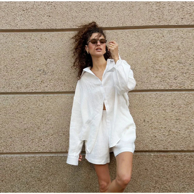 Casual Cotton Linen Pants Suit Women Solid Cozy Lapel Single Breasted Shirt Elastic Waist Wide Leg Pant 2026 Summer Loose Outfit