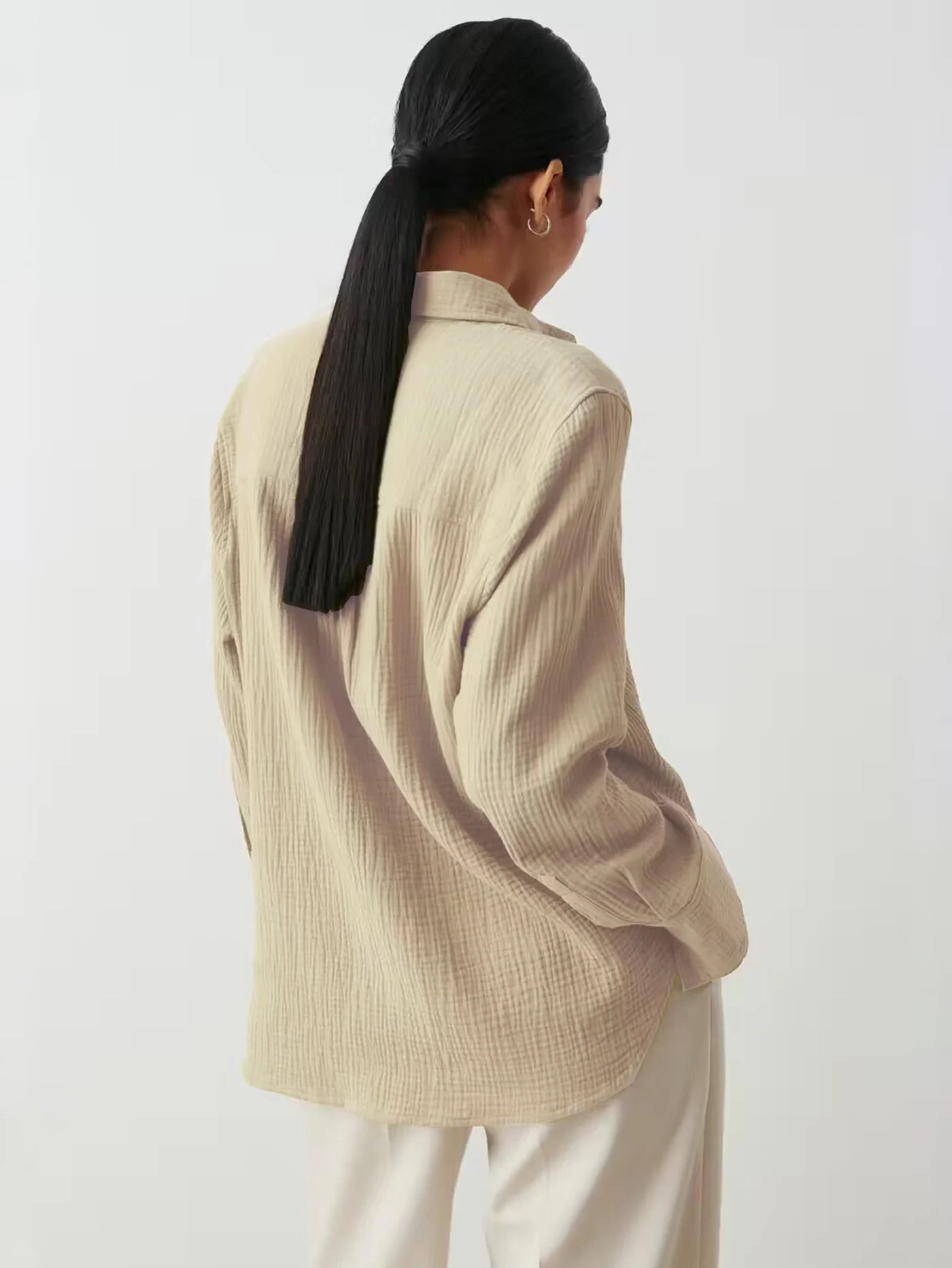 Bornladies 2025 Women's Spring Summer 100% Cotton Shirts Office Lady  Fashionable Solid Lady Long Sleeve Loose Tops Crepe Shirts