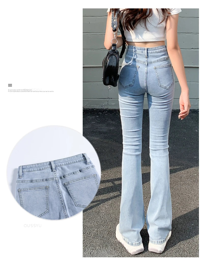 Flared Jeans Woman High Waist Denim Trousers For Female Blue White Black Elastic Skinny Fashion Classic Leisure Wide Leg Pants