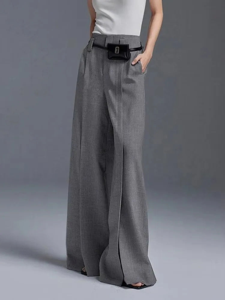 Yeezzi Urban Female Business Suit Pants 2025 New Fashion Black White Loose Straight Pant High-Waist Pleated Split-Front Trousers