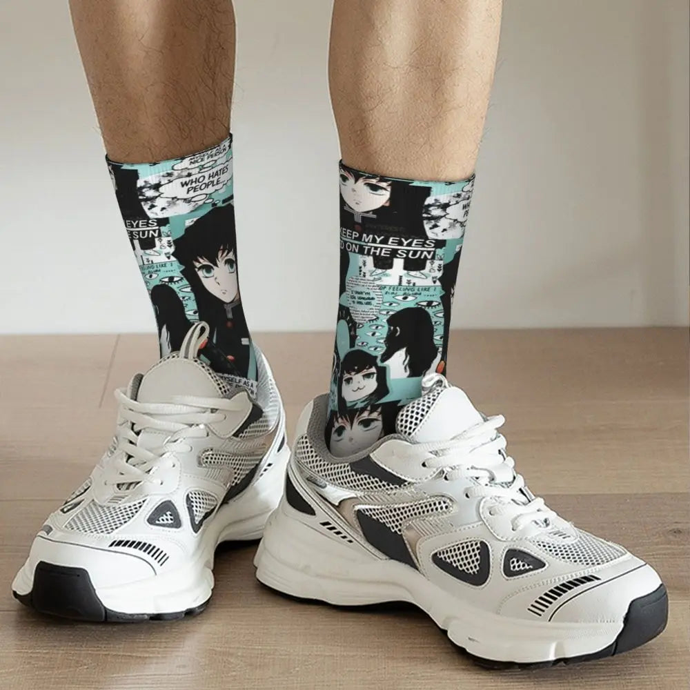 Custom Giyuu Tomioka Demon Slayer Men Women Crew Socks Unisex Kawaii Kimetsu No Yaiba Spring Summer Autumn Winter Dress Socks