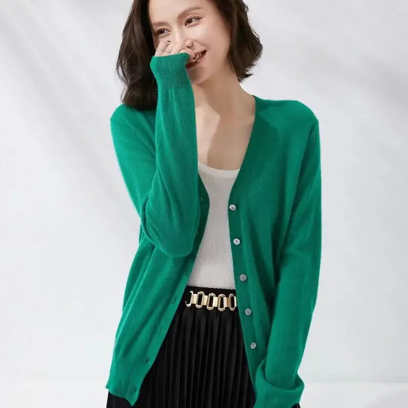 2025 Women Cardigans Long Sleeve Knitted Outerwear Solid Thin Spring Autumn Sweaters V-neck Knitwears Korean Fashion Cardigans