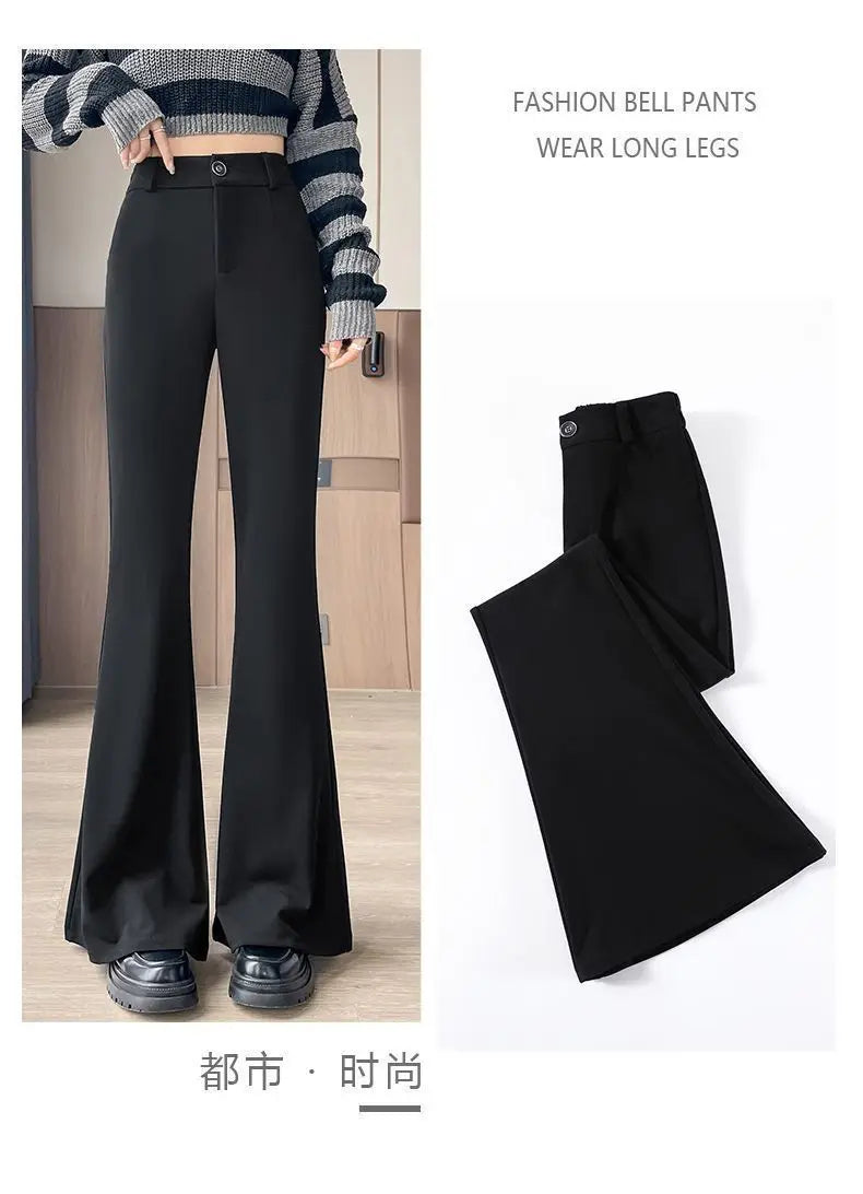 Women's High-Waisted Flared Pants Slim Fit Formal Trousers with Button Closure