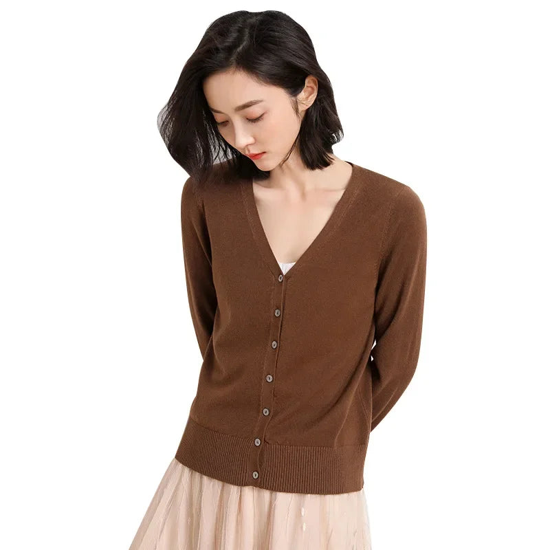 2025 Women Cardigans Long Sleeve Knitted Outerwear Solid Thin Spring Autumn Sweaters V-neck Knitwears Korean Fashion Cardigans