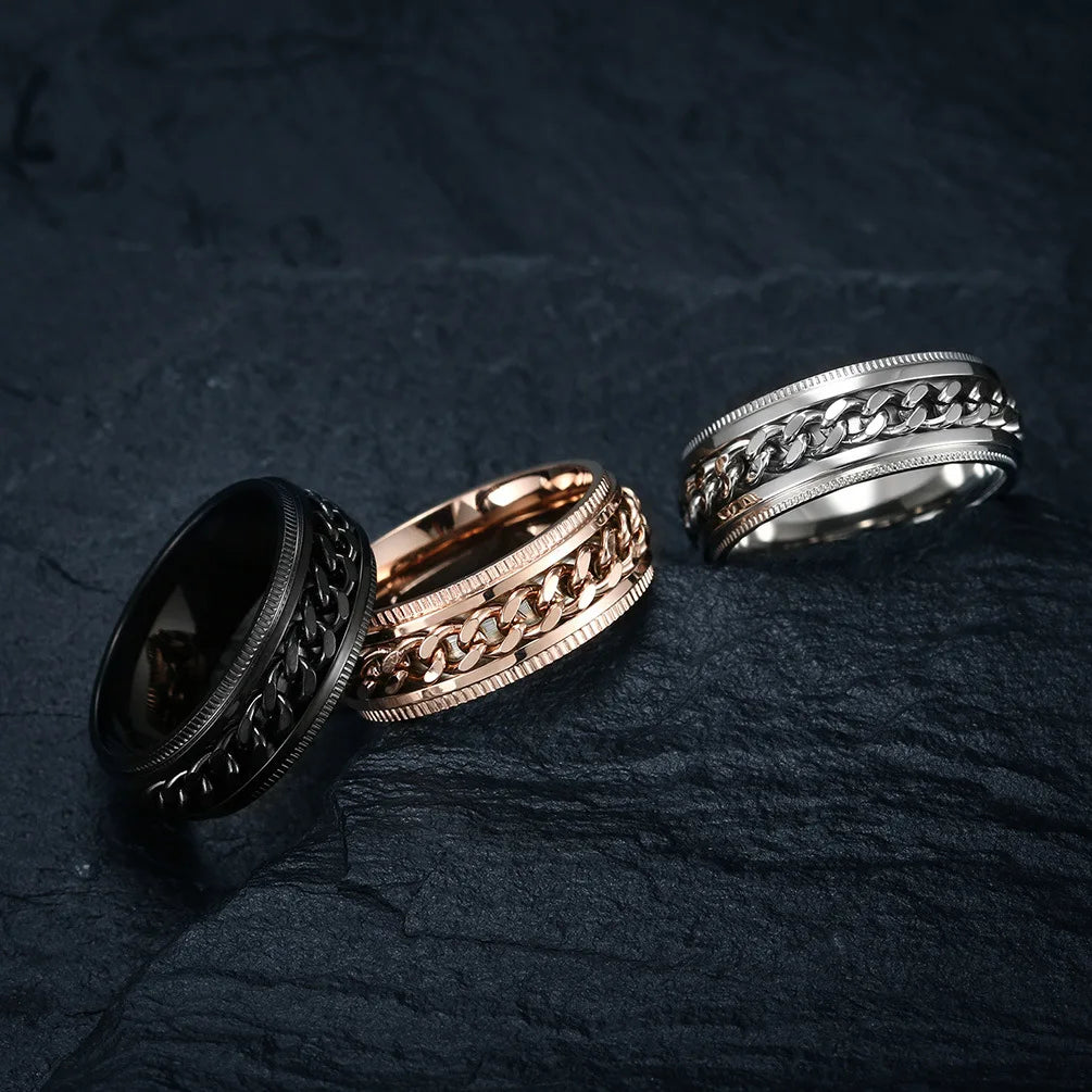 Titanium Steel Rotatable Chain Fidget Spinner Mens Rings Multifunction Anti Stress Knuckle Ring Accessories Anillo Hombres