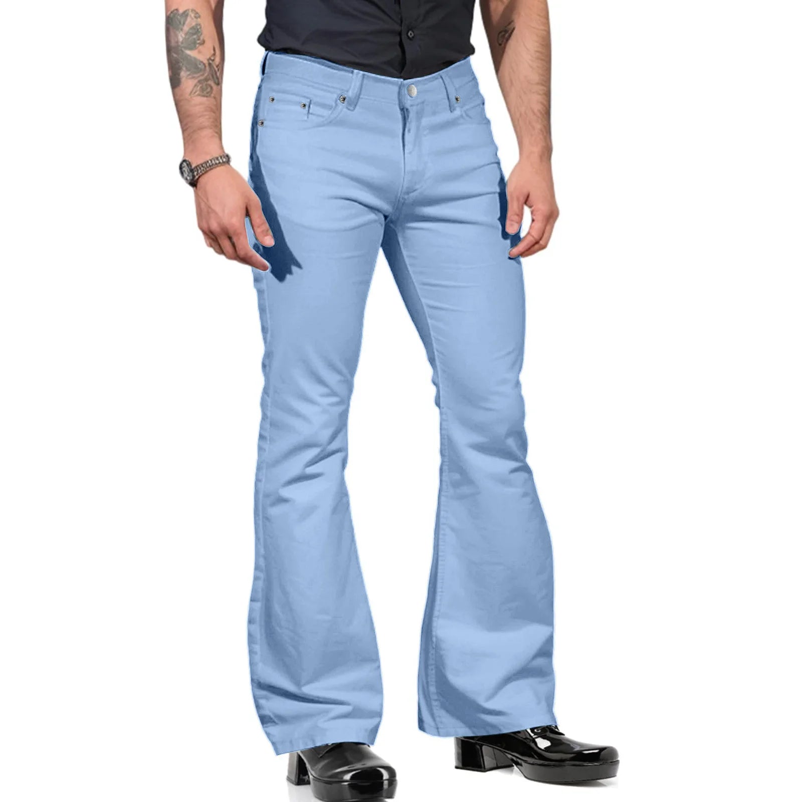 Retro-inspired Flared Pants Men's Vintage Bell Bottom Wide Leg Jeans Solid Color Stretchy Slim Fit Mid-rise for Fashionable