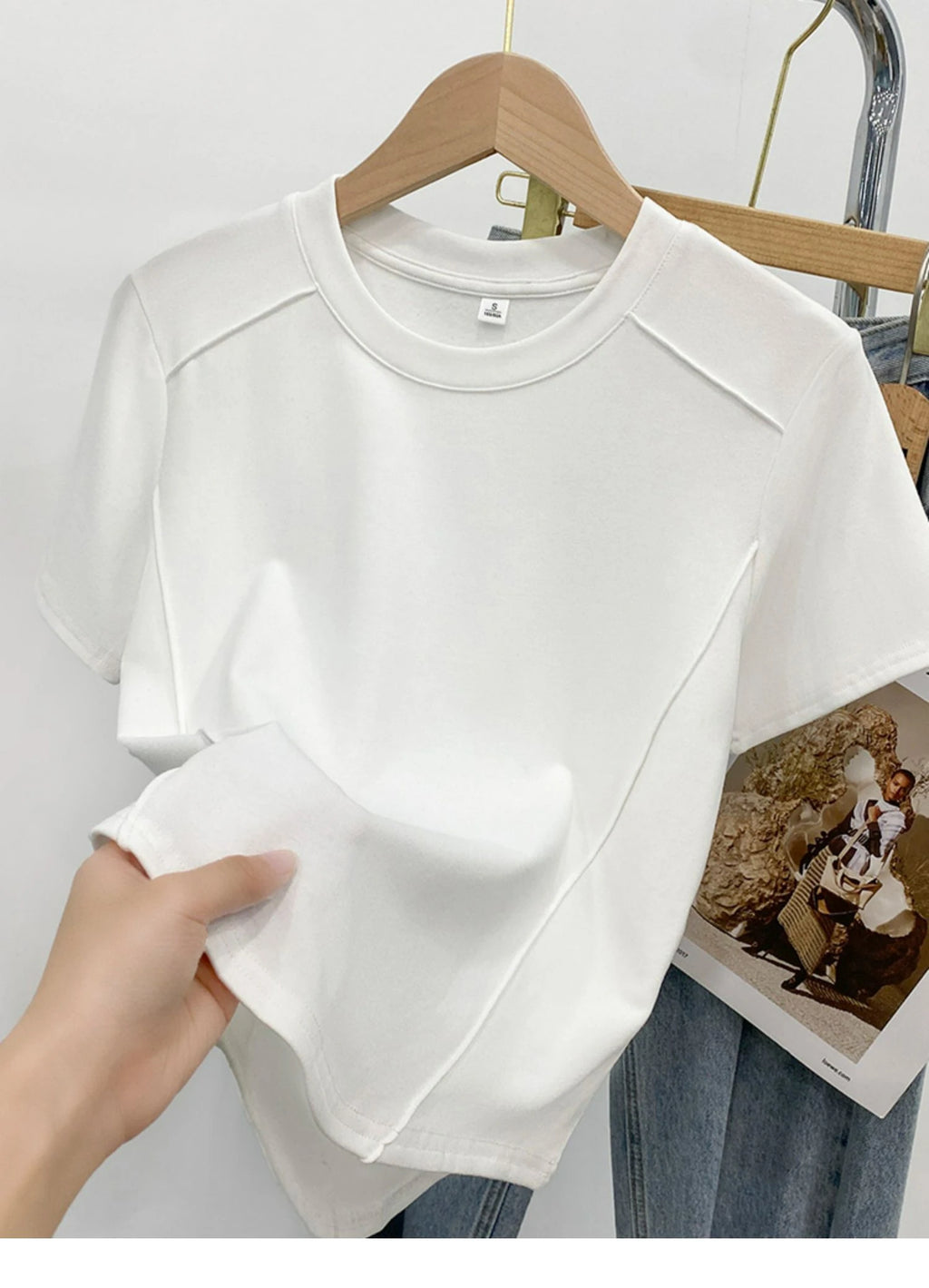Solid color round-neck short-sleeved slim T-shirt for women 2026 summer and Europe new