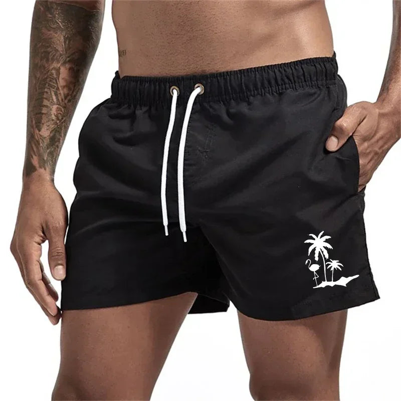 Pantalones cortos avec imprimé árbol de coco et flamenco para hombre, pantalons cortos de playa informales de verano, bañado