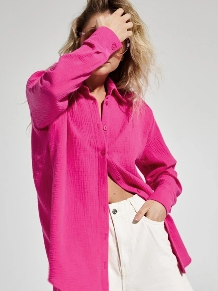 Bornladies 2025 Women's Spring Summer 100% Cotton Shirts Office Lady  Fashionable Solid Lady Long Sleeve Loose Tops Crepe Shirts