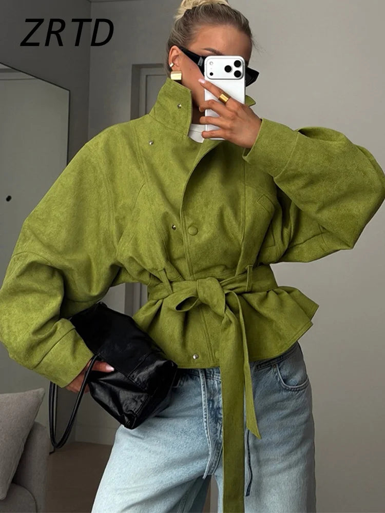 Street Women's Faux Suede Belt Lace Up Jacket Loose Green Lapel Button Full Sleeve Coats 2026 Spring Summer Lady Casual Outwear