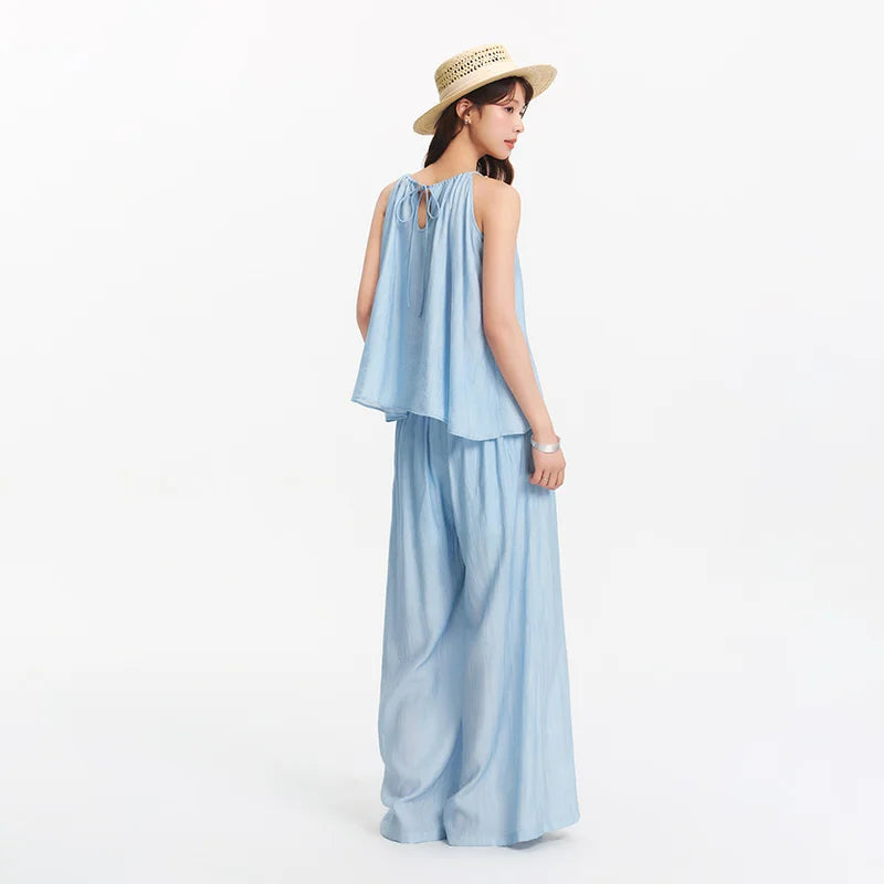 Semir Bowknot Strap Wide Leg Pants Set Women 2025 Summer New Linen Like Textured Two Piece Outfit for Vacation Style