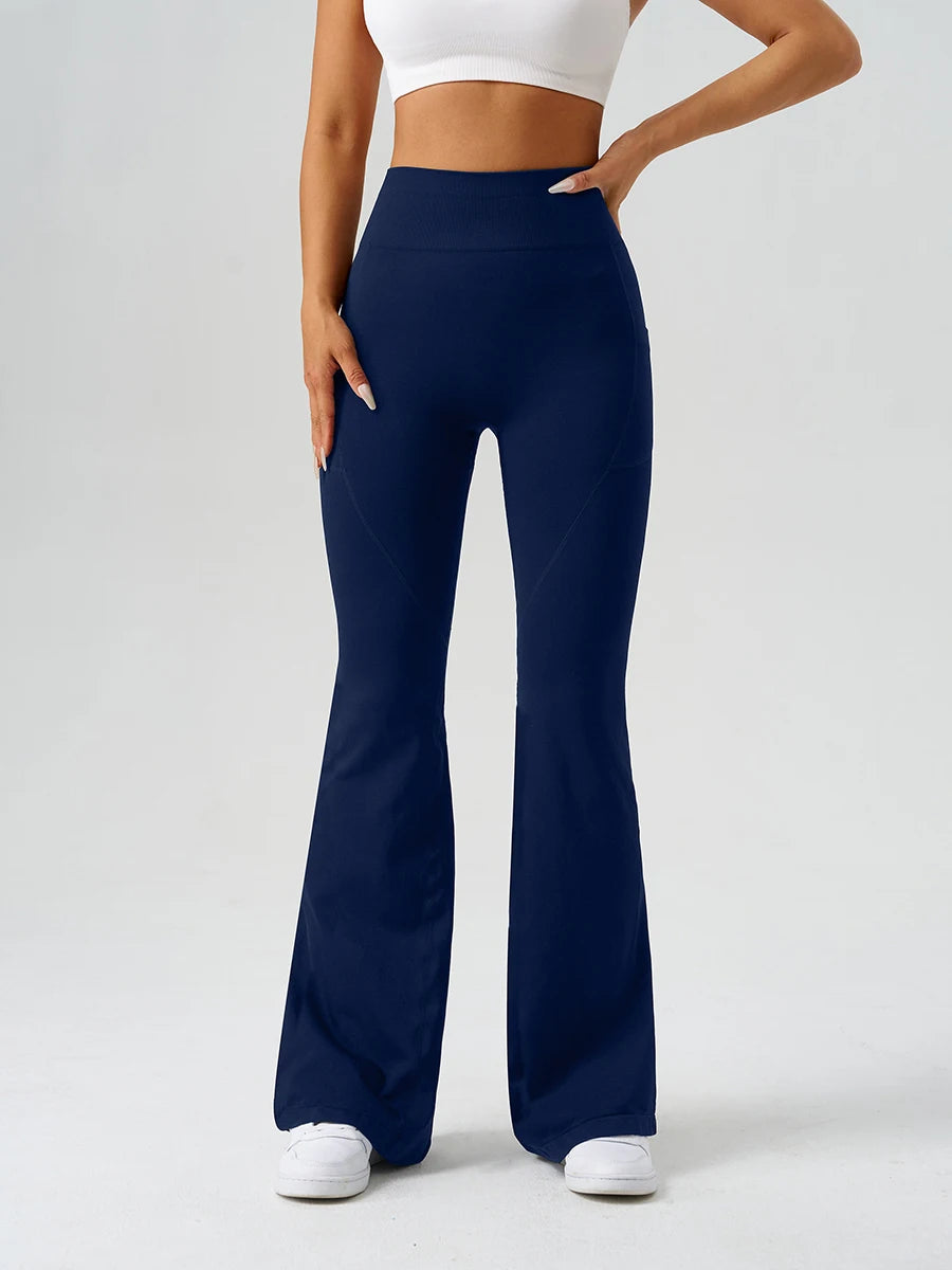 Flared Yoga Pants Women High Waist Bell Bottom Leggings Seamless Trousers w/Pockets Retro Gym Fitness Athleisure Wide Leg Pants