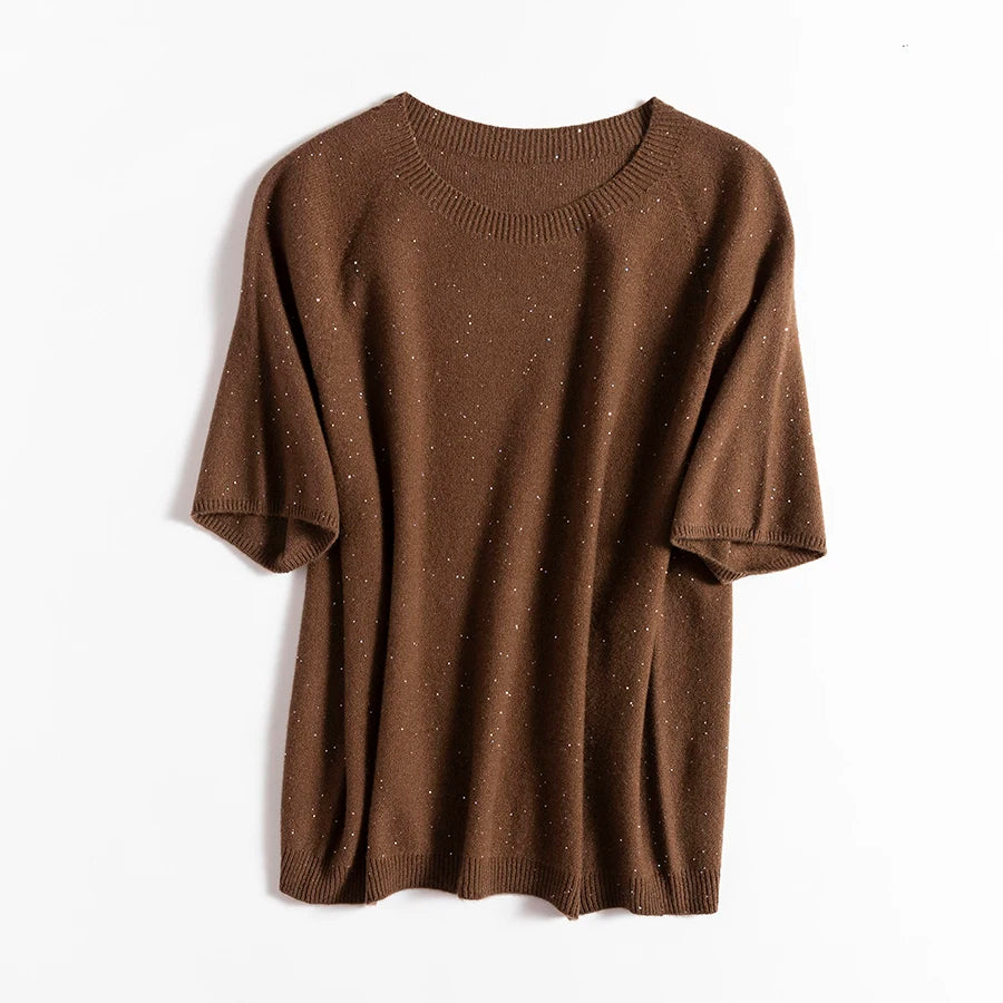 SuyaDream, 100%Merino Wool Pullovers for Woman, Round Neck, Short Sleeved Sweaters, 2025 Fall Winter Soft Warm Top, Pink, Olive
